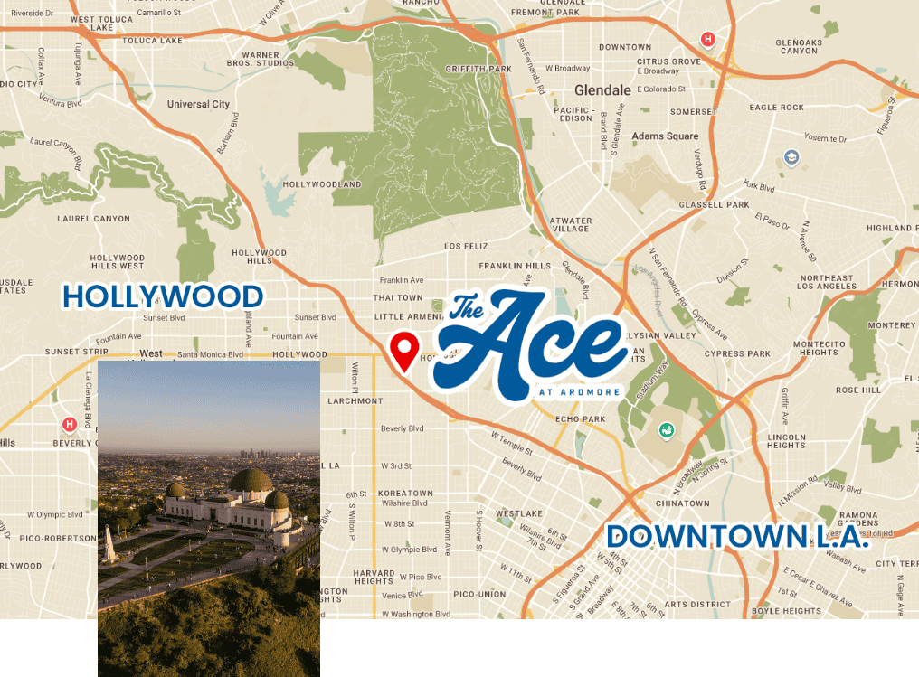 Illustrated map showing Ace at Ardmore between Hollywood and Downtown Los Angeles